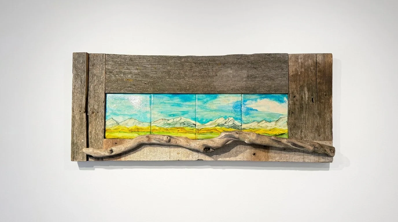 The Plains, 2025. Alcohol ink on ceramic tile, reclaimed Colorado wood, 25 × 11 in. (64 × 28 cm). Status: Private Collection.