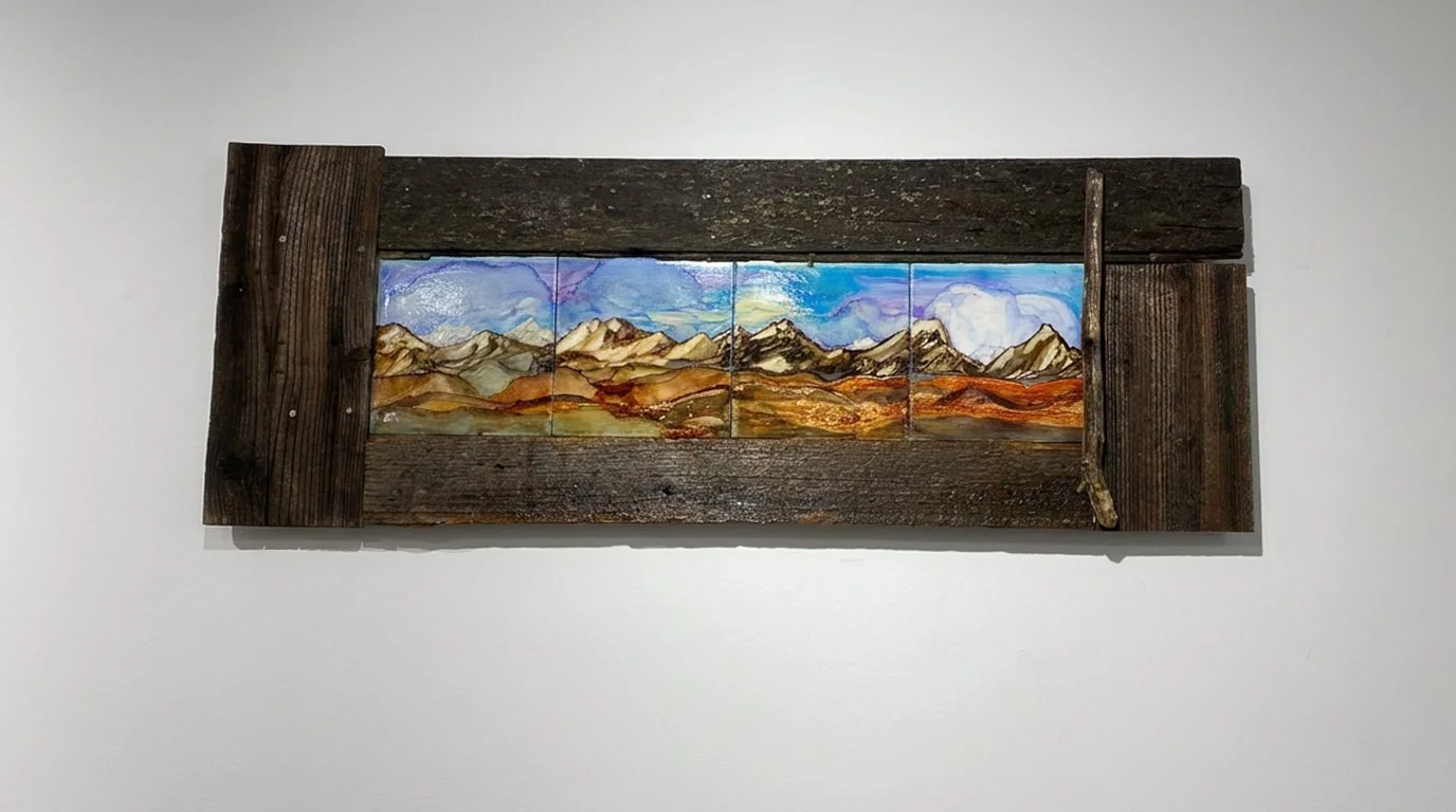 Fading, 2022. Alcohol ink on ceramic tile, reclaimed Colorado wood, 12 × 28 in. (30 × 71 cm). Status: Private Collection.