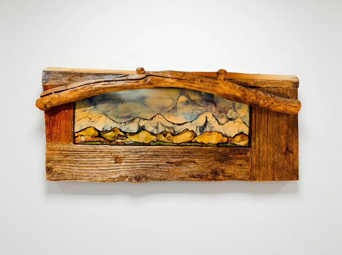 Peaks, 2026. Alcohol ink on ceramic tile, reclaimed Colorado wood, 8 × 20 in. (20 × 51 cm). Status: Private Collection.