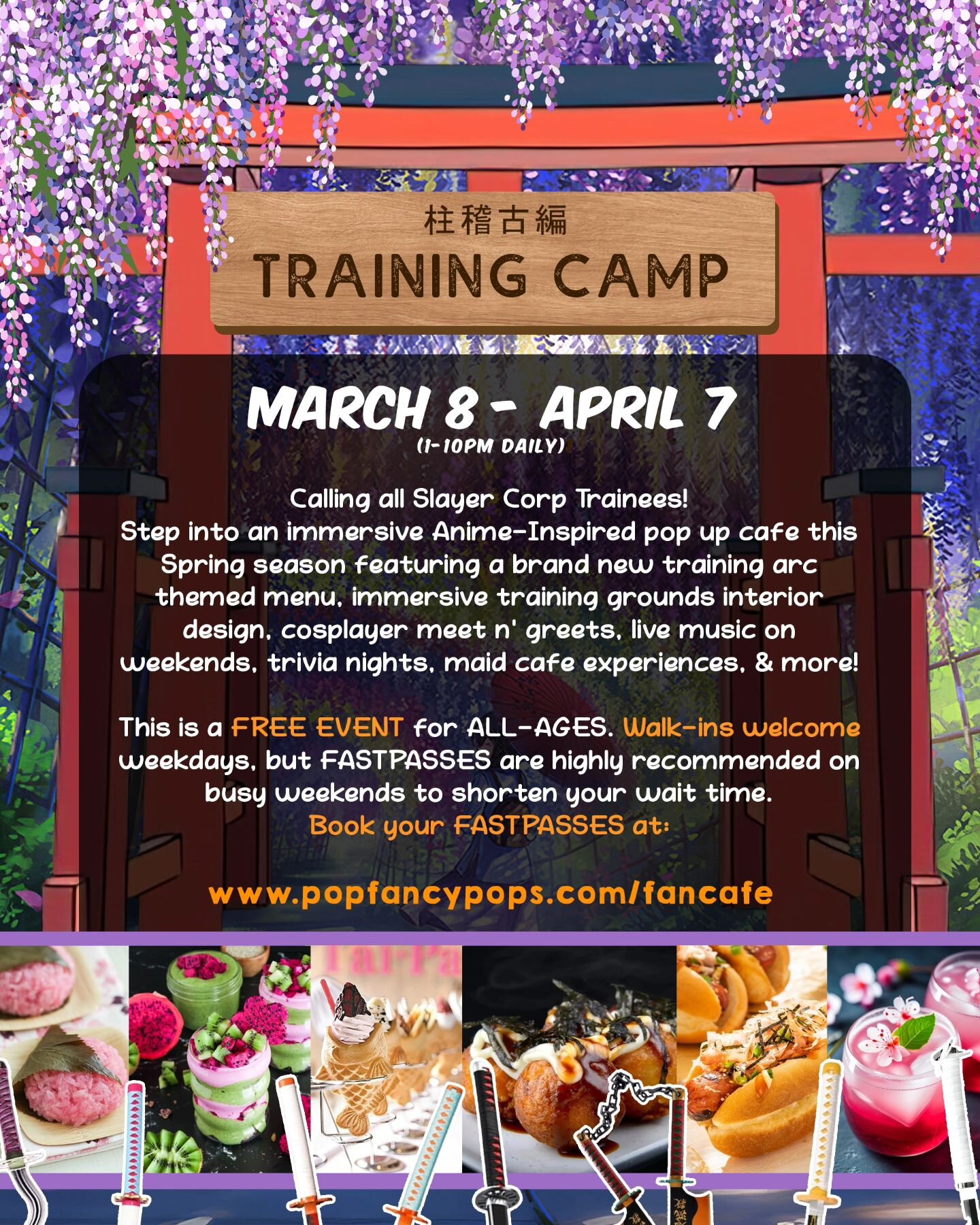 🍛 Attention Houston Slayers‼️

👺Join us this March 8 - April 7 for our Training Camp Cafe theme! 

🌸 Slayer Corp, Get ready for an intense training camp pop-up featuring a brand new training arc themed menu, live dj spinning the latest anime hits,