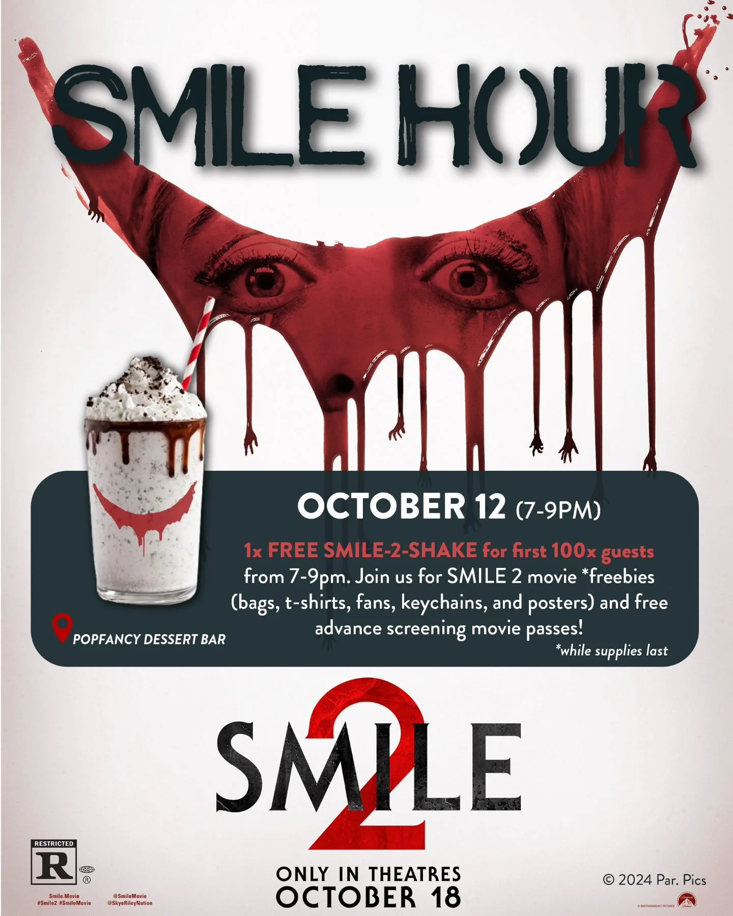 ‼️ Popfancy x Smile 2‼️

🎃 Spooky Season is officially here! We're partnering with Paramount Pictures and @smilemovie to celebrate the launch of SMILE 2 in Theatres October 18.

☢️ Join us at Popfancy's Outbreak Cafe pop-up this Saturday, October 12