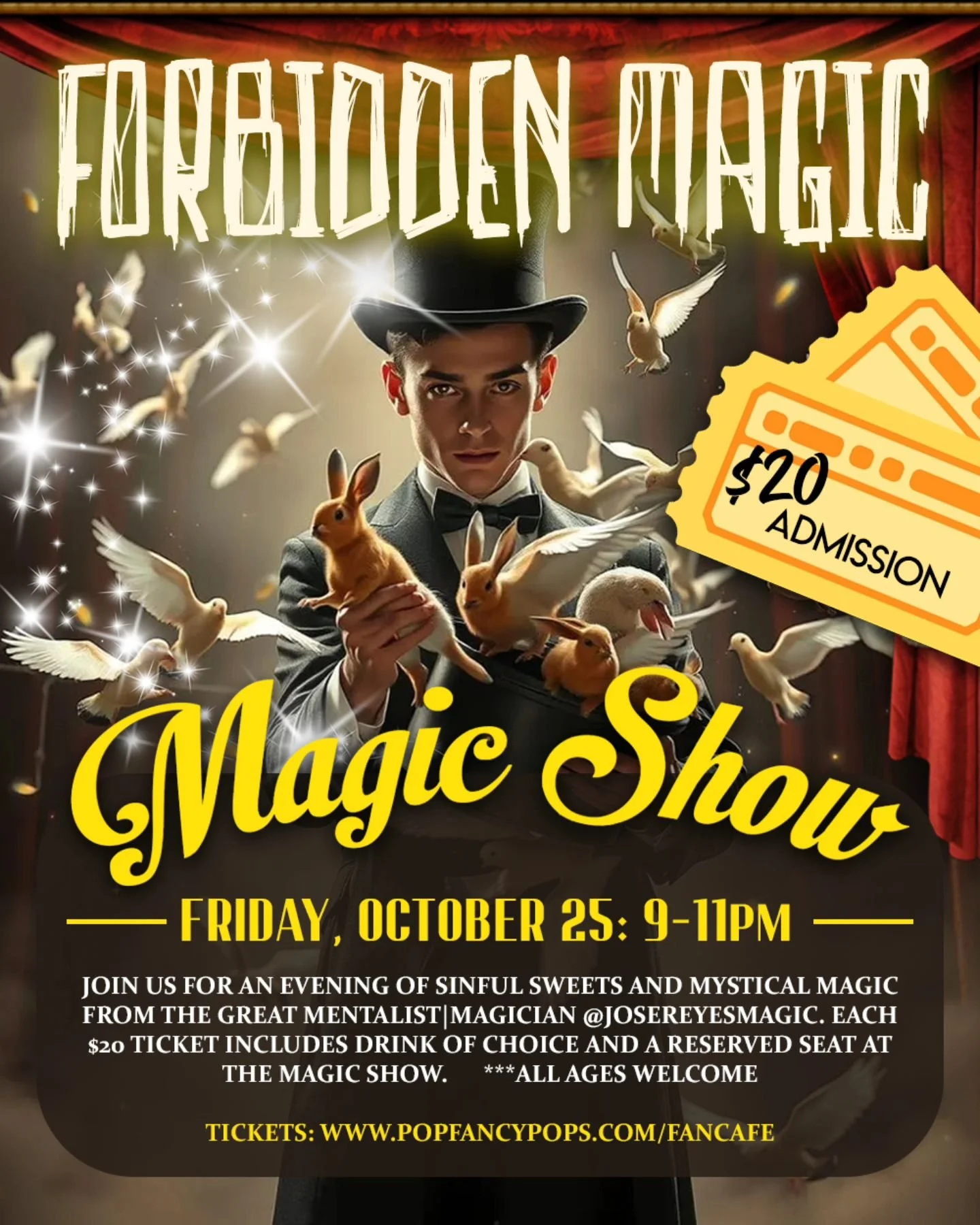 🎃 LOOKING for something fun for the whole family this Halloween Weekend?

🤹 Our previously SOLD OUT Forbidden Magic Dining Experience makes a return this year on Friday, October 25 (9-11pm).

🧟All ages welcome! Every admission ticket includes 1x F