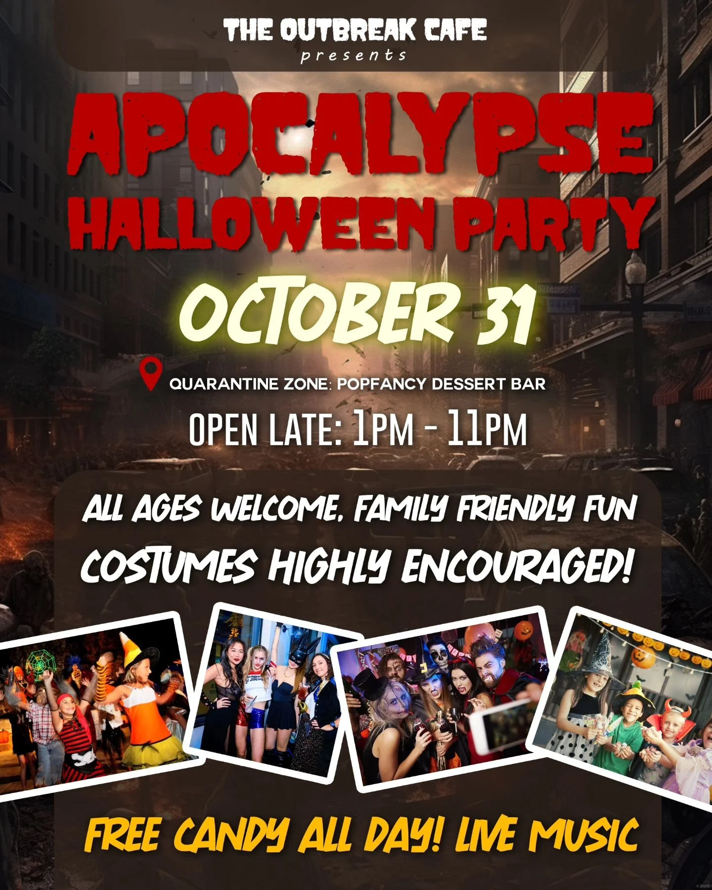 🎃 Need plans for Halloween THIS THURSDAY?! Our highly anticipated annual Halloween Party is back! 

🧟 Join us at the Outbreak Cafe pop-up for family friendly fun all day 1-11pm!

🦸🦹Be surrounded by an immersive Zombie Apocalypse! Gorge on delicio