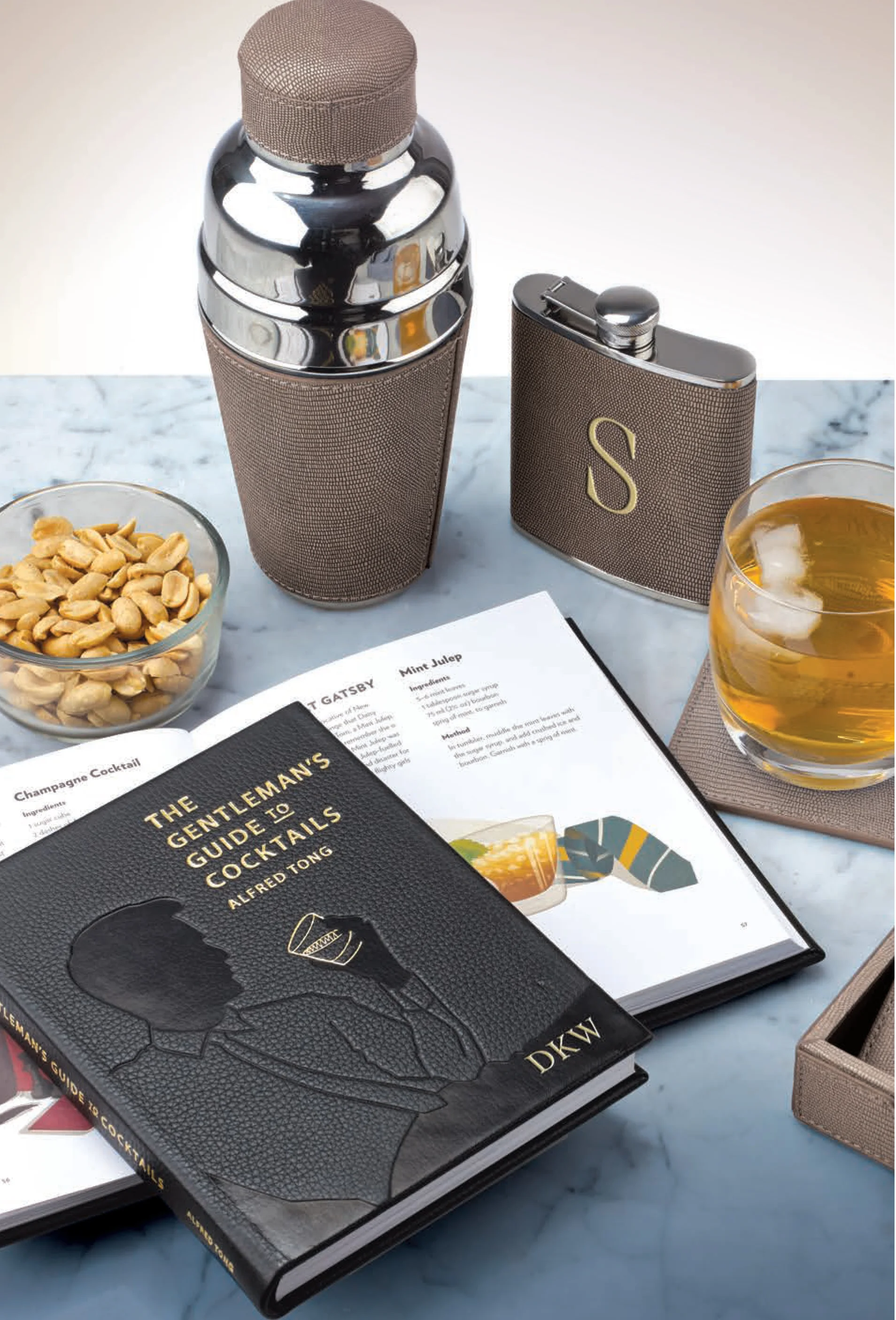 "THE GENTLEMAN'S GUIDE TO COCKTAILS," COCKTAIL SHAKER, FLASK & COASTERS.