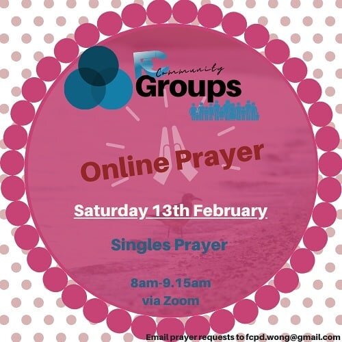 If you are a single person and want to join us for prayer this Valentine's season, Saturday 13th February morning, please send an email to fcpd.wong@gmail.com with your prayer requests

#singlesprayer #singlehood