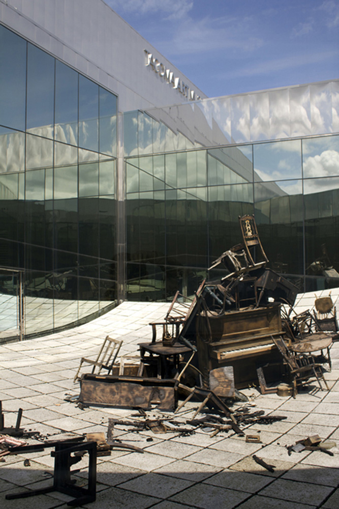Mourning the Ephemeral Burned furniture, charcoal, ashes and cast glass Installation at Tacoma Art Museum 2012