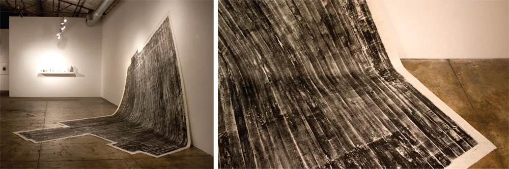 Echo Relief print pulled from bedroom floor in abandoned house on mulberry paper Installation at 1078 Gallery, Chico, CA