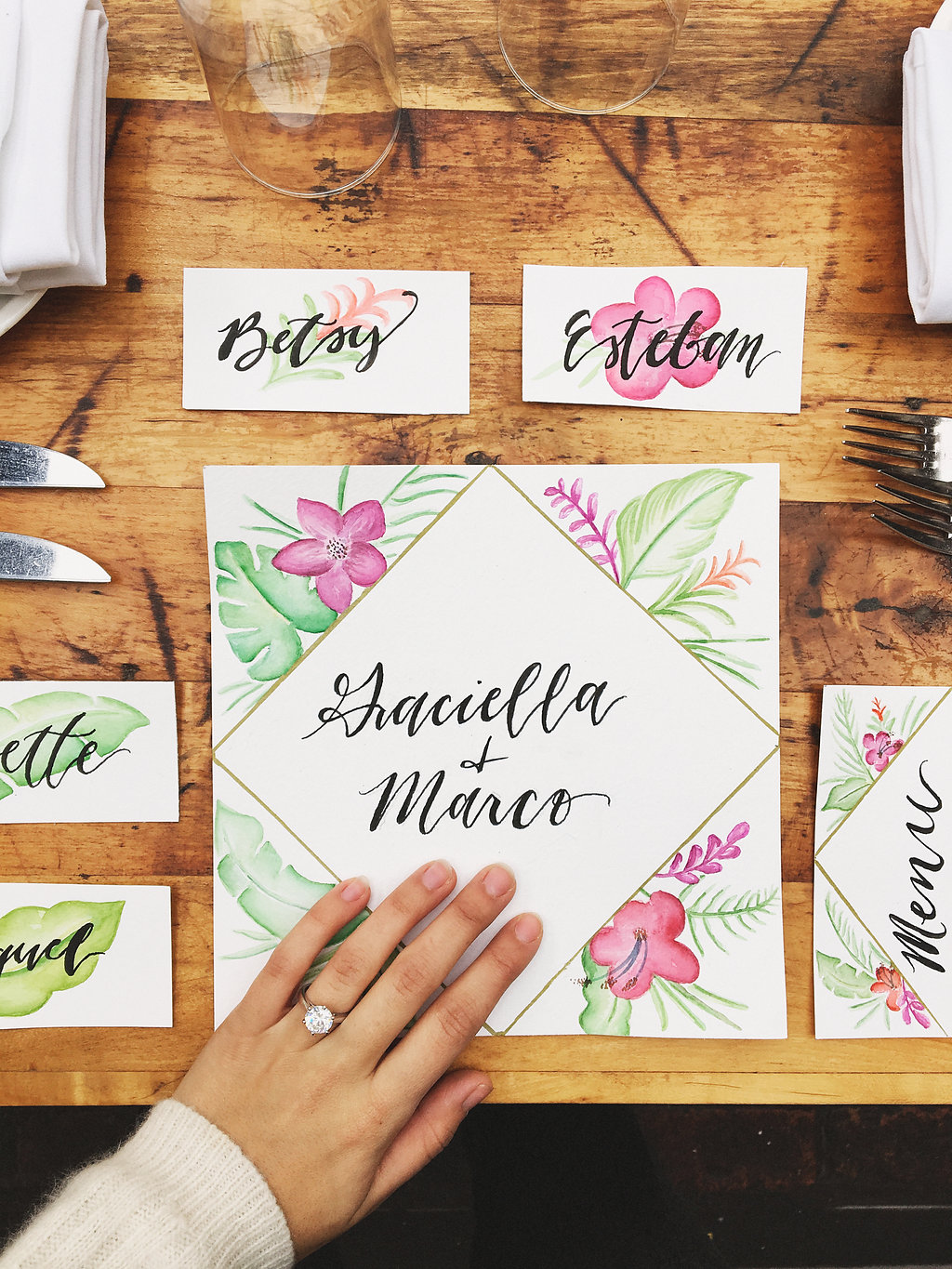 —custom watercolor invitations and place cards created by yours truly