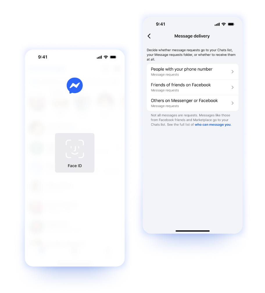 Screenshots of a Facebook Messenger app interface displaying facial recognition for Face ID and message delivery options for message request filters on a smartphone.