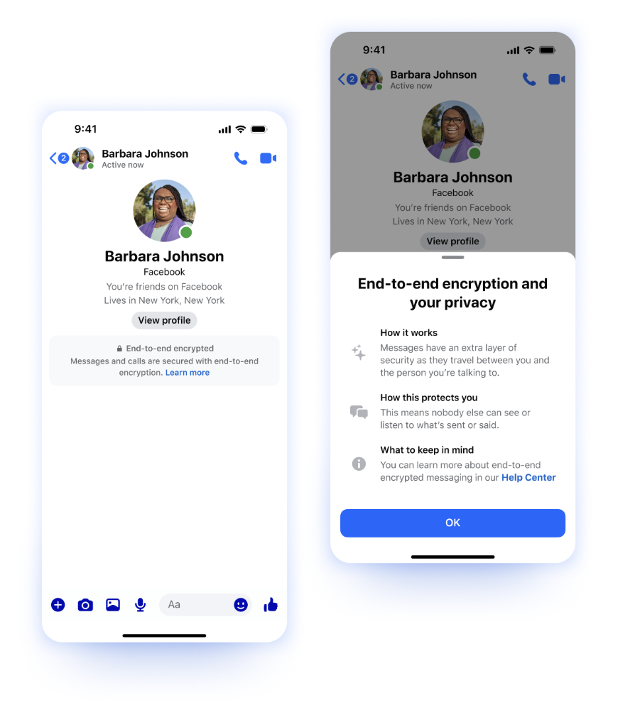 Screenshots of the Facebook Messenger app, showing the introduction of end-to-end encryption.