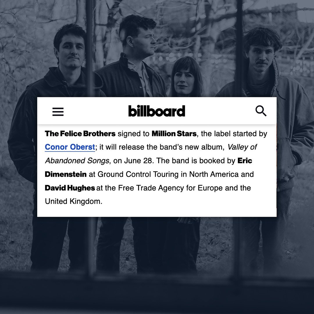 Thanks @Billboard for sharing the news about @felicebrothers signing to @ConorOberst's new label @MillionStarsRecords! New Album 'Valley of Abandoned Songs' out June 28.

#thefelicebrothers #missingpiecegroup #billboard