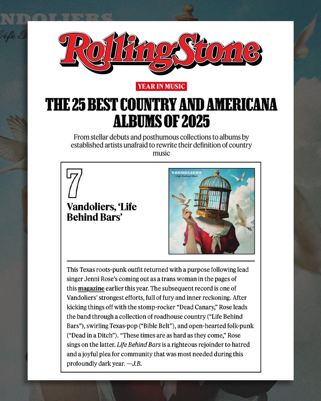 The new albums from @vandoliers, @haileywhitters, @ashleymonroemusic, and @lukebellofficial are featured on @rollingstone's list of the Best Country and Americana Albums of 2025!