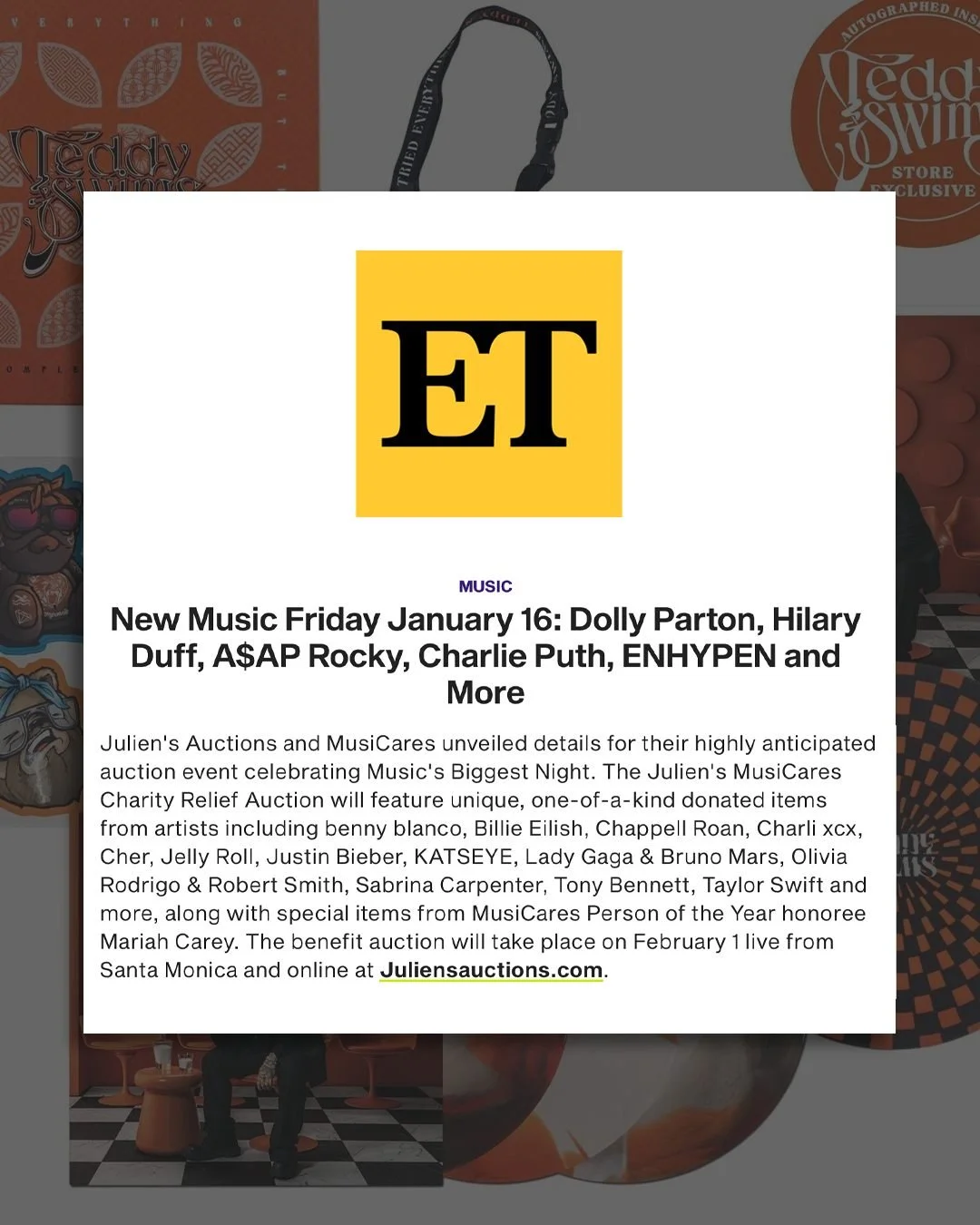 @juliens_auctions and MusiCares unveiled details for their highly anticipated auction event celebrating Music's Biggest Night. Learn more through @entertainmenttonight! Bidding now open.