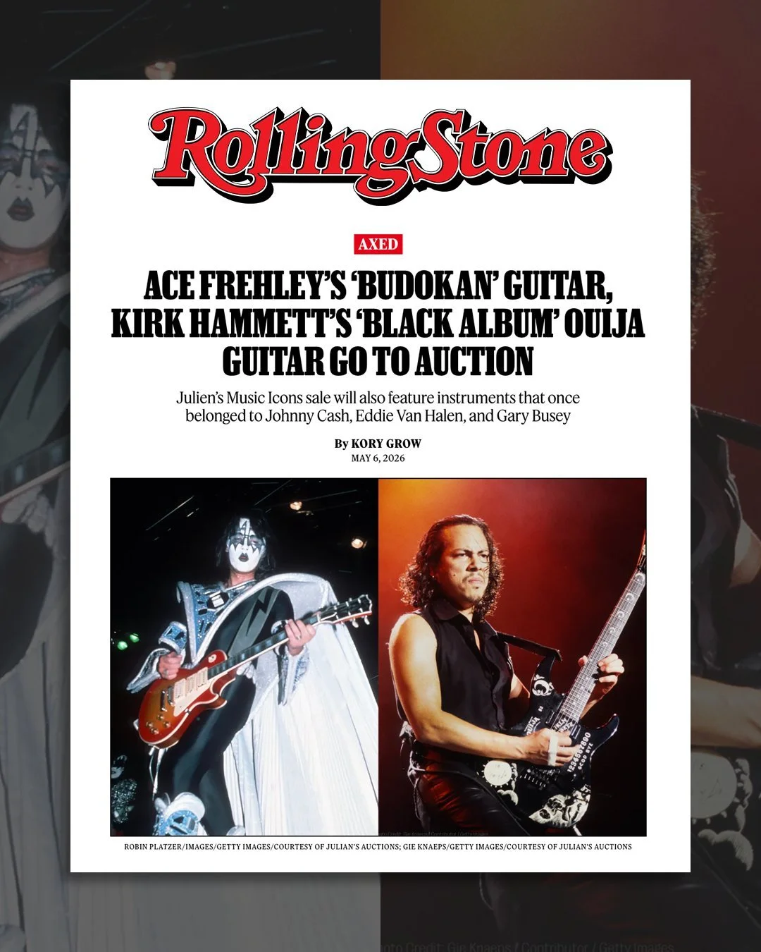 Learn more about the @juliens_auctions Icons sale now through @rollingstone, featuring guitars from Ace Frehley, Kirk Hammett, and more!