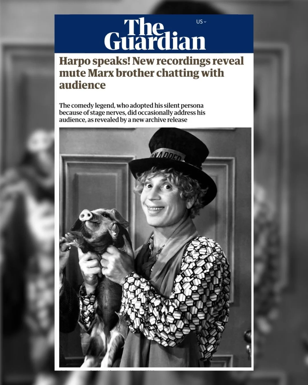 Harpo Marx's son Bill and author Robert S. Bader on "Harpo Speaks!", an unearthed live album w/ the only official recording of the silent Marx Brother's voice. Read at @guardian @guardian_us