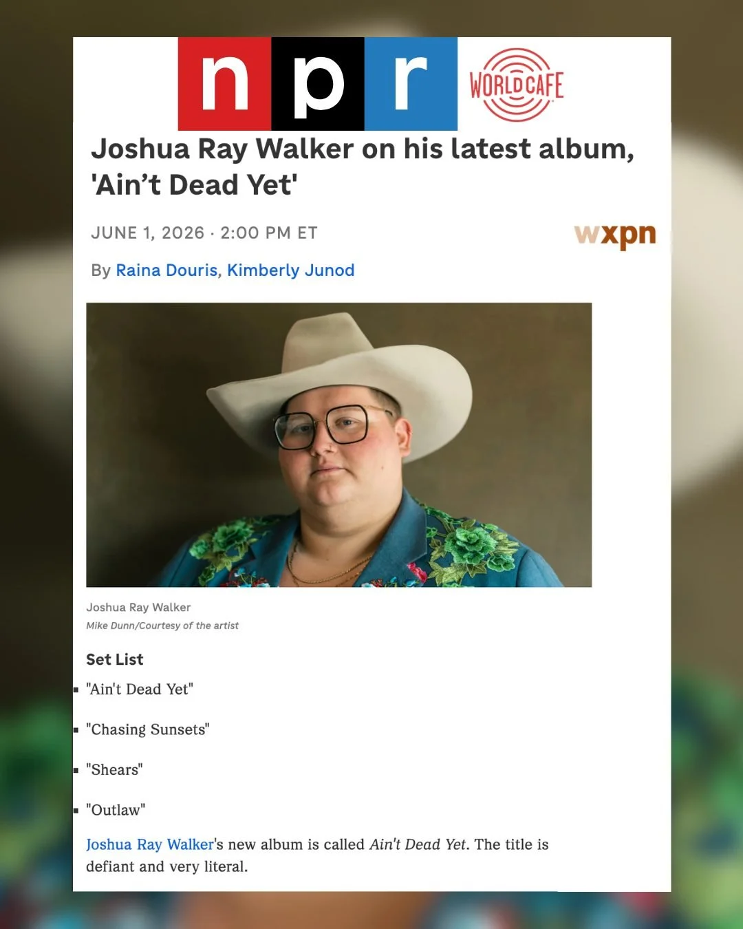 @joshuaraywalker talks to @nprmusic  @worldcafe about confronting mortality on his latest album Ain't Dead Yet.