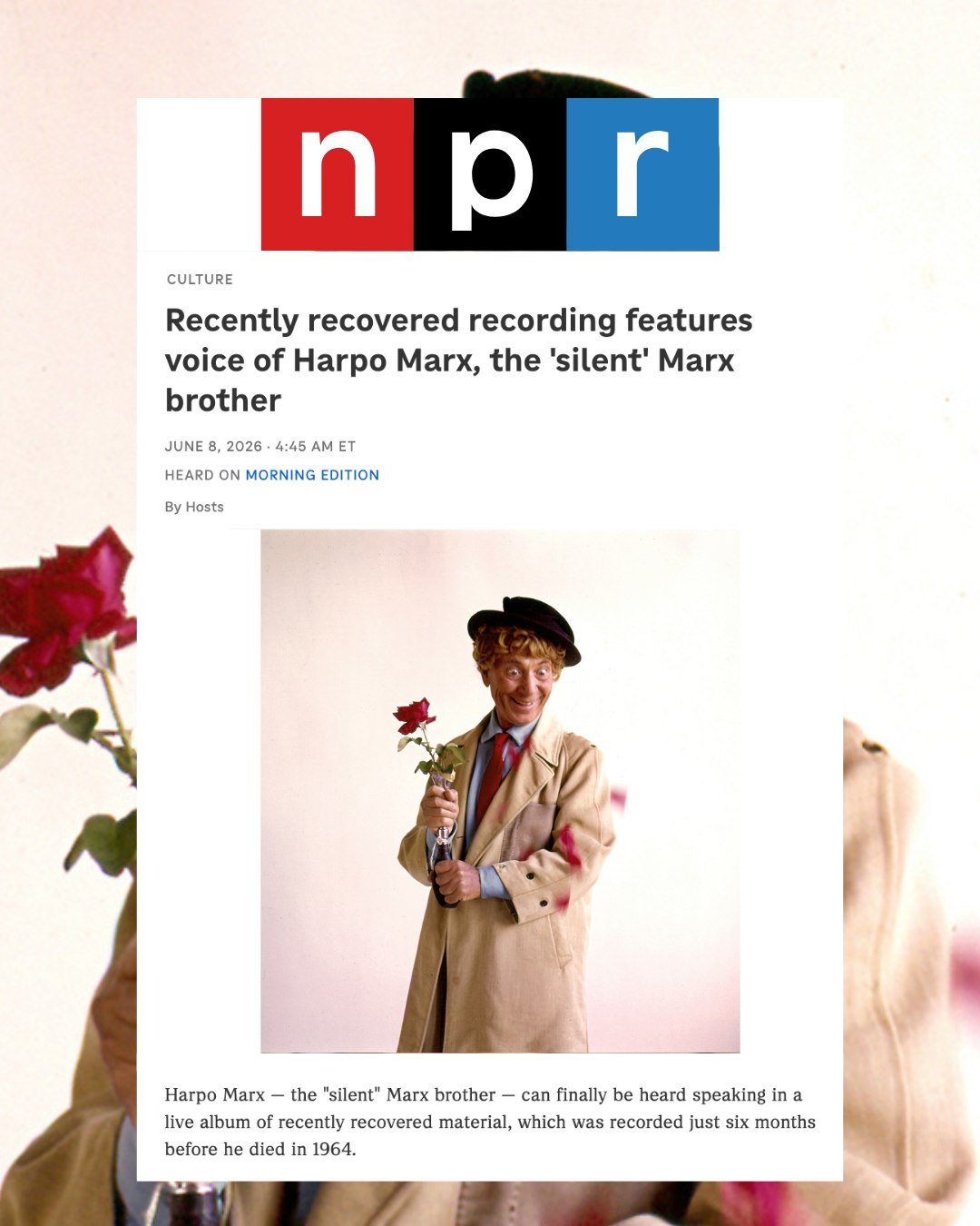 Harpo Marx's son Bill and author Robert S. Bader share insight into "Harpo Speaks!", an unearthed live album with the only official recording of the silent Marx Brother's voice. Read more at @npr.