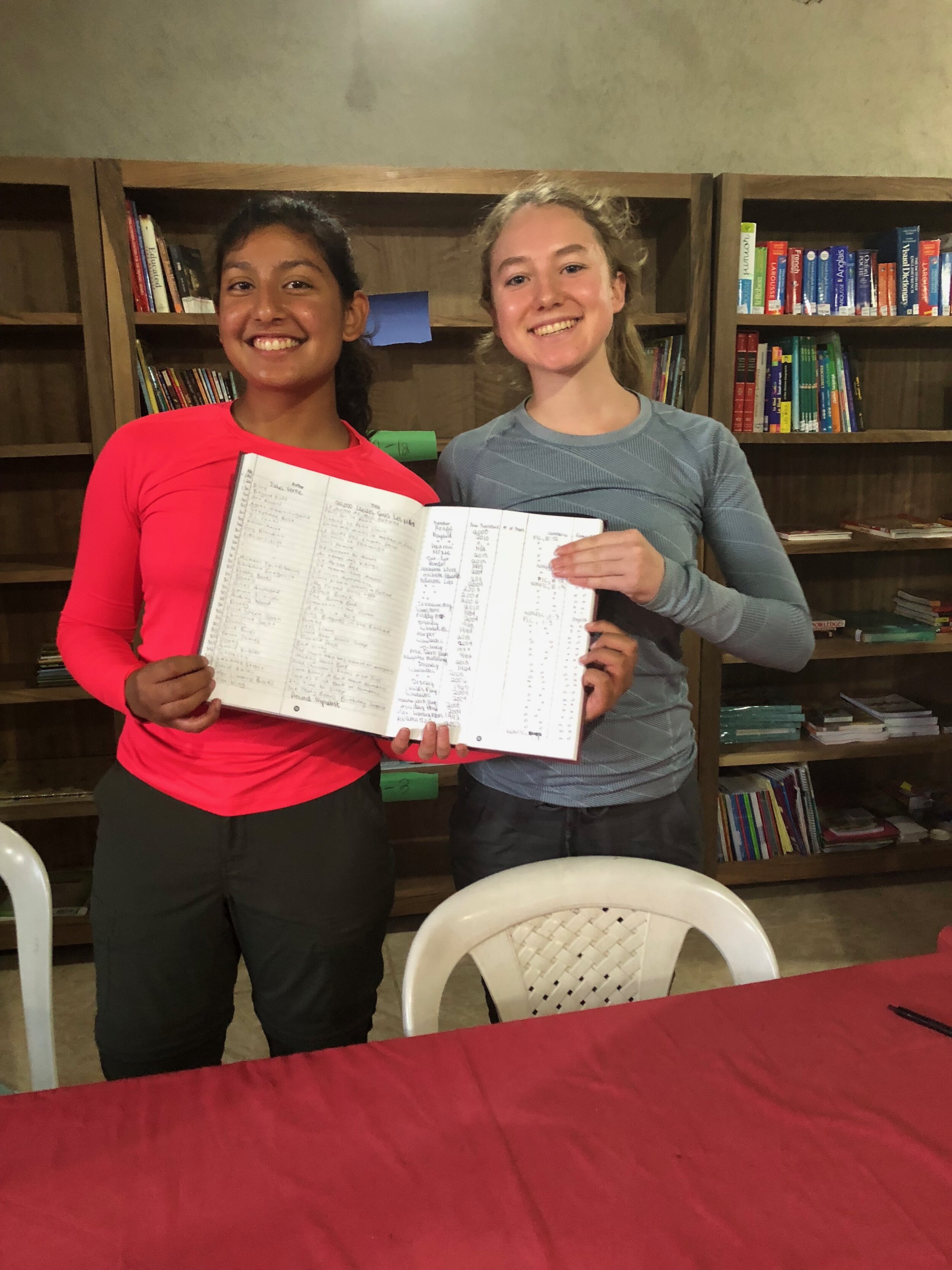 Zoha and Hannah finishing the library catalog.