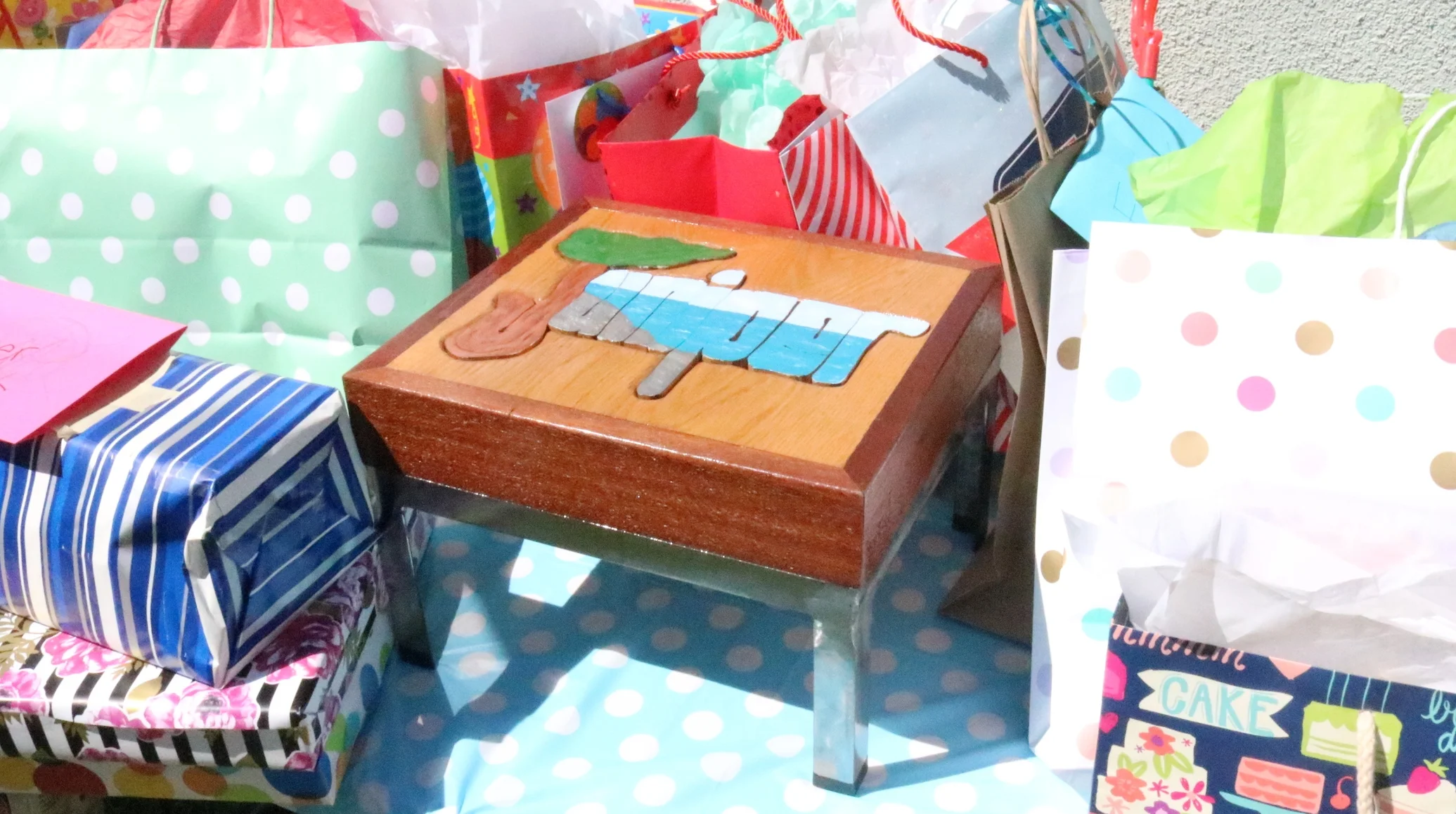 Oak, Mahogany, and Iron Painted Puzzle Stool