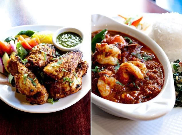 Tandoori chicken wings (left) and Balchao shrimp (right). Photographs by Scott Suchman.