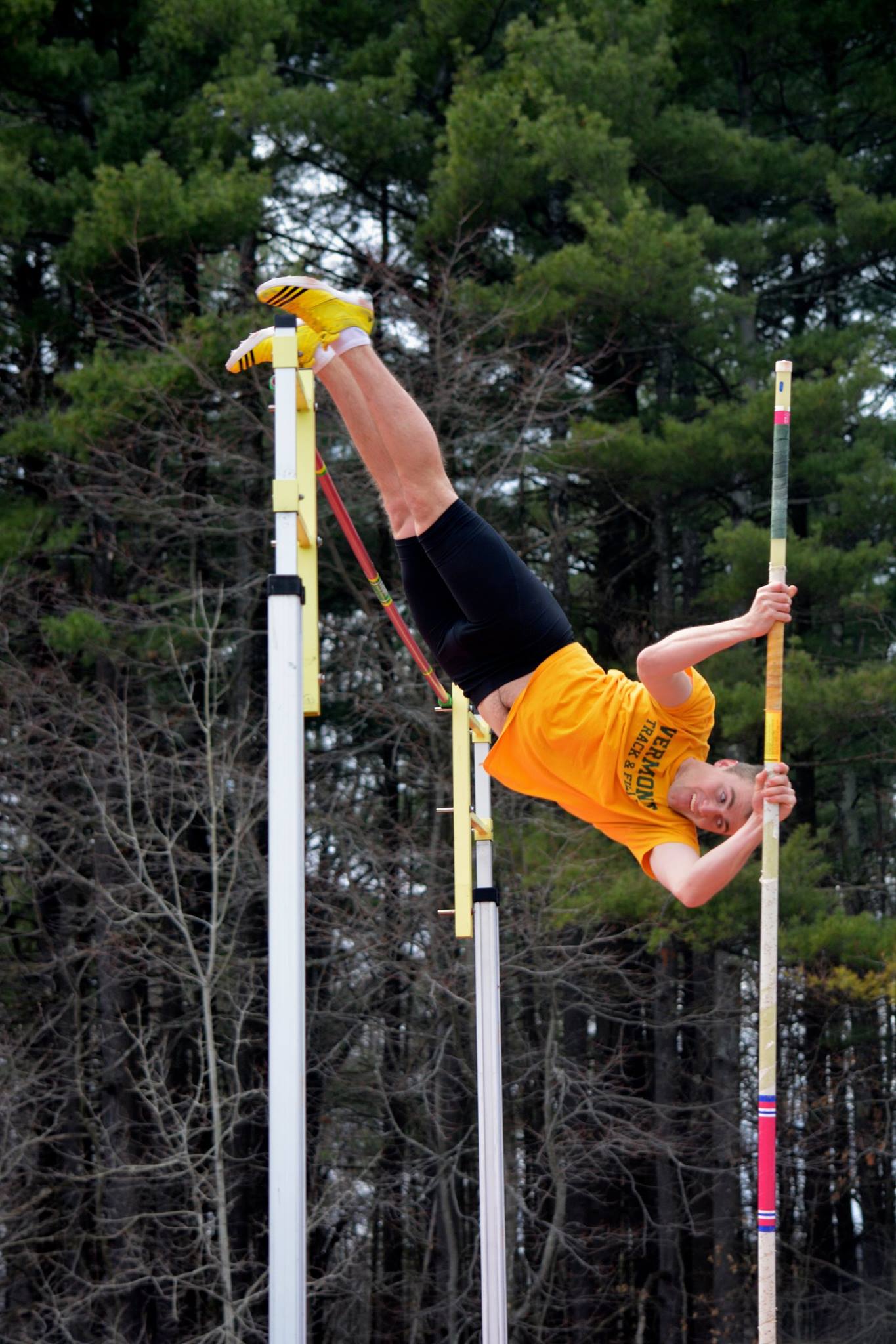 A competitor pole-vaults during the Leap Year Tri-Meet at UMass April 9, 2016.