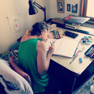 Kathy Crabbe, who will be exhibiting her paintings from her Lefty Oracle Deck at the Riverside Art Museum in August, has been a professional artist since 1992.