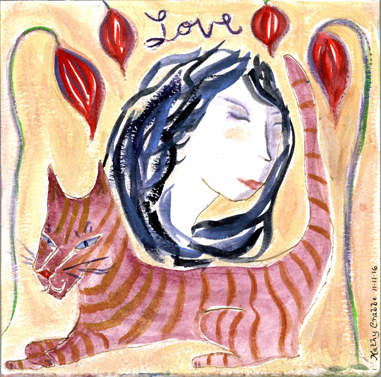 Pink Puss : Quiet, peaceful, ultramarine purples surround her, calm her, delight her. Her Pink Puss magicks away her worries and dreams her a fantastic new world where LOVE is supreme. A place where pinks and reds warm her and wisdom finds her, easily, succinctly, appropriately. Buy prints here .