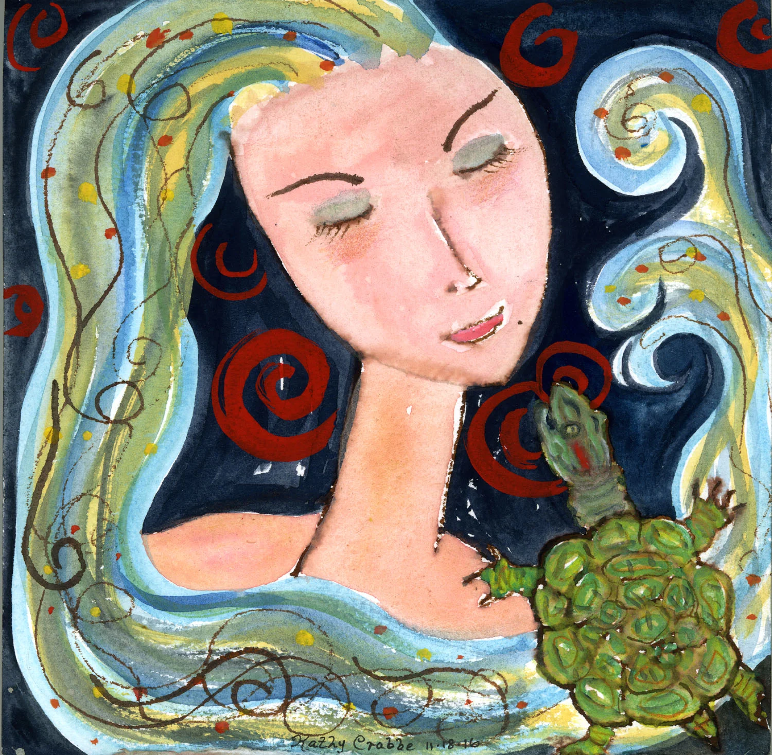Blue Safety : At first she felt weird, but then the water calmed her, soothed her, charmed her and her Spirit Animal swam towards her. As she rested in the blue safety of the moment she knew love and she laughed inside spouting red-hot swirls all around her. Buy prints here .