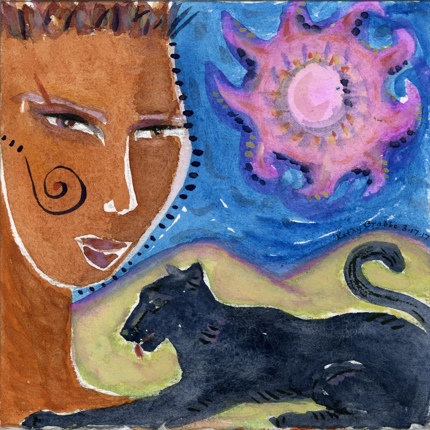 Brave: Each time the BIG CAT called her name, by Sun, by Heat, by Flame, she'd pause and remind herself; She. Was. Brave. So brave, that her fears had to run to catch up with her. Though her heart might pound, this party was Hers and the Devil wasn't allowed. Buy prints here.