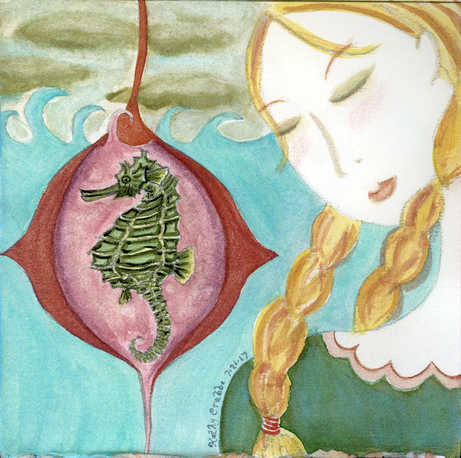 Sea Horse: In her dream beneath the sea she meets Seahorse, her familiar, and the world opens up showering her in gentle beauty and magic untold. Buy a print here.