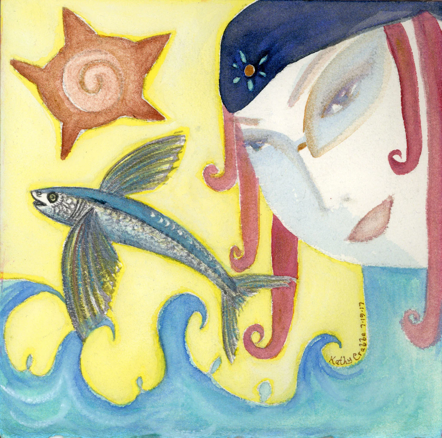 Fish Magick: On air or in water, she could swim with Flying Fish, her familiar by her side. Dreaming, dancing, splashing her cares away, so that sunshine and blue, blue depths could heal her inside. Buy the prints here.