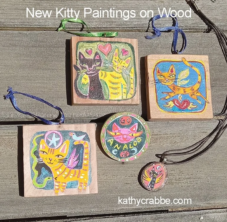 Wood Kitty Art Ornaments and Pins by Kathy Crabbe