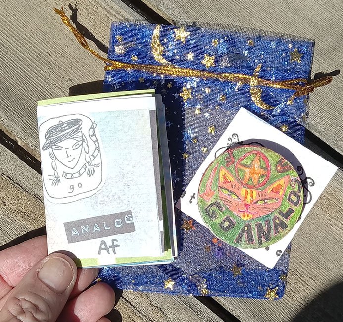 Go Analog Af zine and pin by Kathy Crabbe