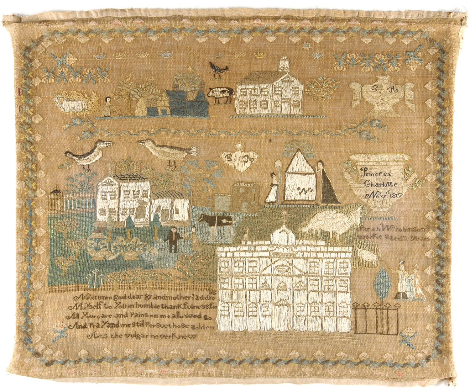 Sarah W. Robinson sampler (1817, England) at the Philadelphia Museum of Art. There is so much here--a large farmhouse, multiple people, and a lot of animals. I love the pig at the top! I also just noticed the urn inscribed "Princess Charlotte Nov 1817," in remembrance of the young and beloved princess who died in childbirth, leading to the elevation of Queen Victoria. 