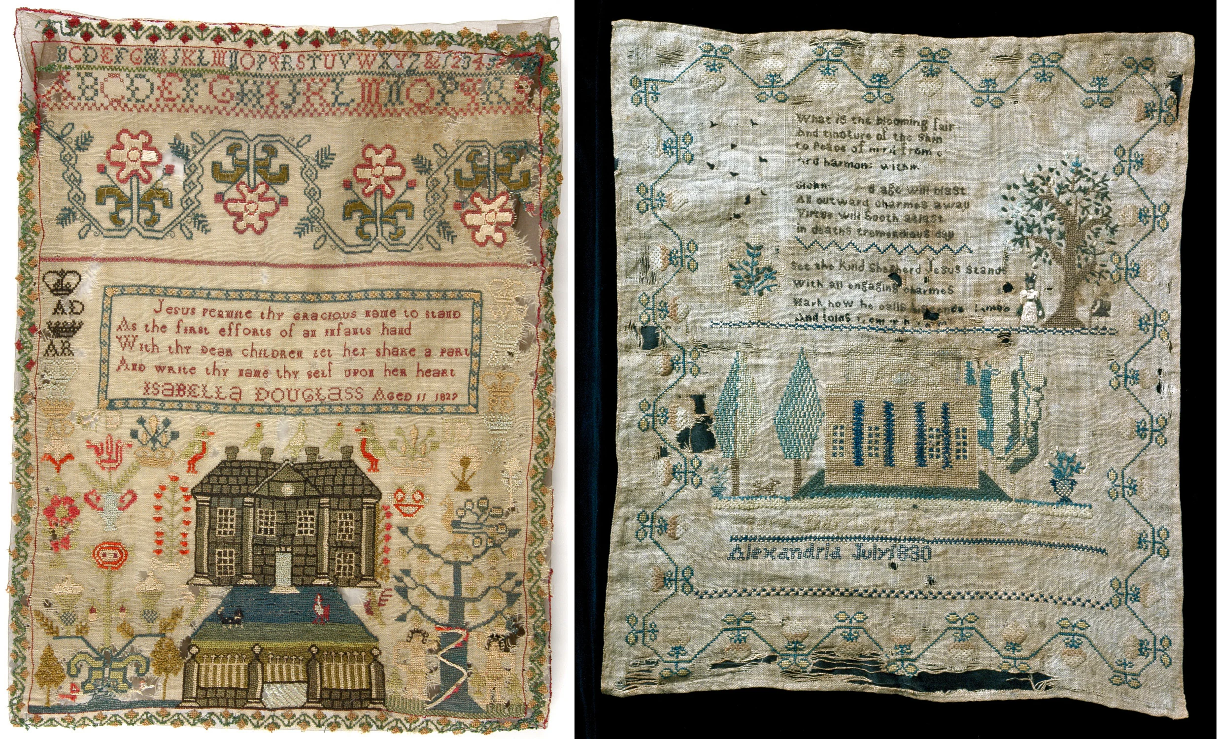 Left: Isabella Douglas sampler (1829, Midlothian, Scotland) at the Philadelphia Museum of Art. This sampler has a beautiful house and gardens and an Adam and Eve! I love the four crowns surrounding the verse. Right: Mary Harrison sampler (1830, Alexandria, Virginia) at the National Museum of American History. These were stitched around the same time on two completely different continents, and they're so similar! I like to think, however, that Mary Harrison's looks distinctly American.