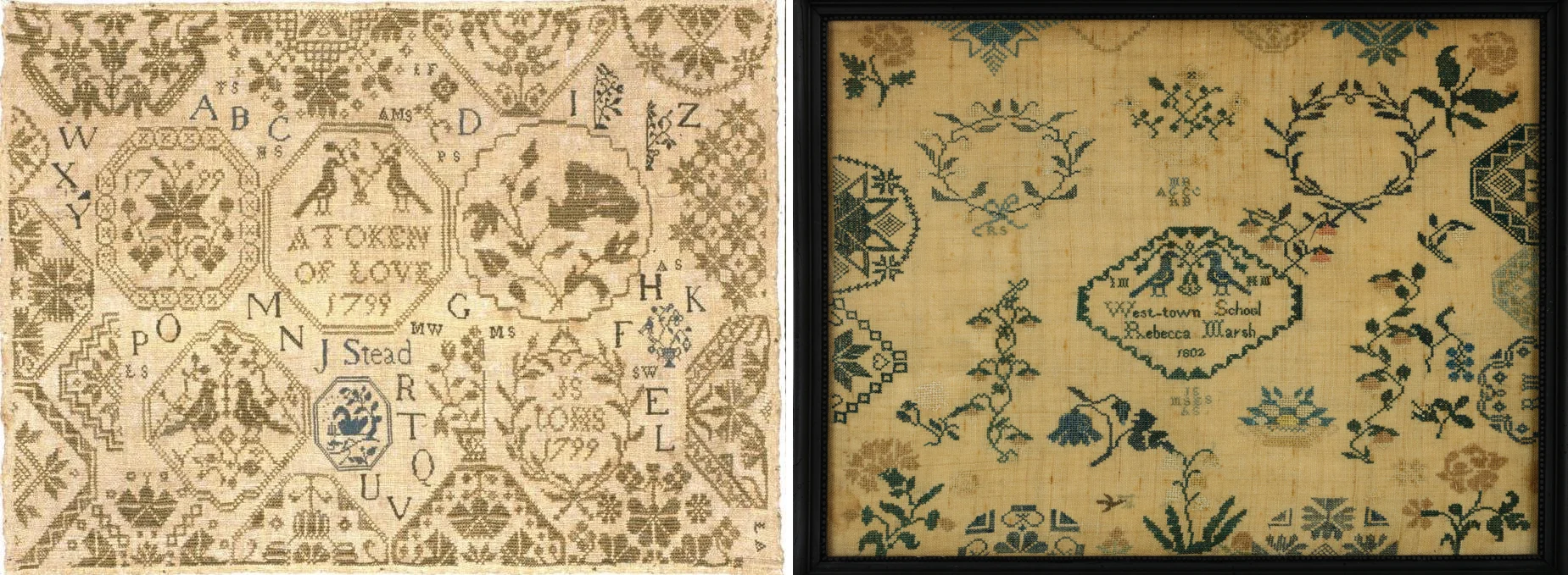 Left: Jane Stead sampler (1799, Yorkshire England) at the Colonial Williamsburg Online Collections. I'm so inspired by the medallions. Right: Rebecca Marsh sampler (1802, Chester County, Pennsylvania) at the MET. Another two samplers from different countries, and two differently Quaker schools, that have so much in common.