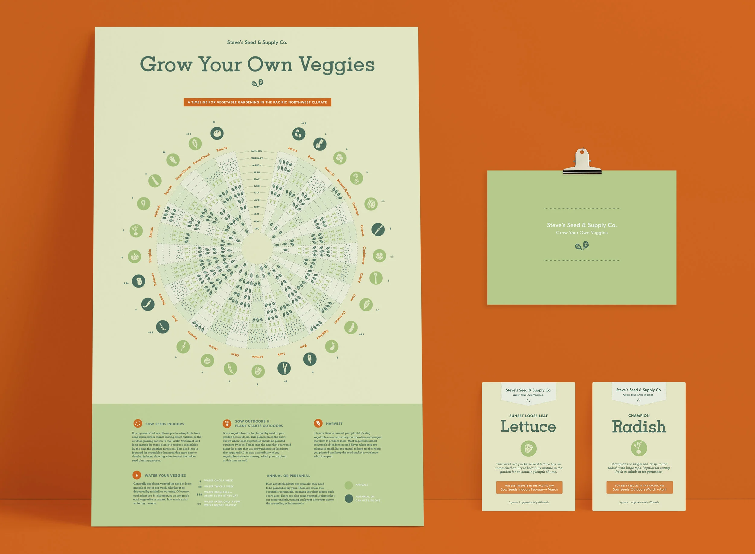Steve's Seed & Supply Co. is a fictional seed company with a goal of making growing vegetables more approachable to people without a lot of experience doing so. The seed packets use straight forward language and the information is organized and clear, making it easy to comprehend for someone who is new to gardening. An infographic timeline helps users plan their garden, showing the best months to sow seeds, plant starts, and harvest each veggie. It also shows which plants will grow back year after year, and how often each plant likes to be watered.