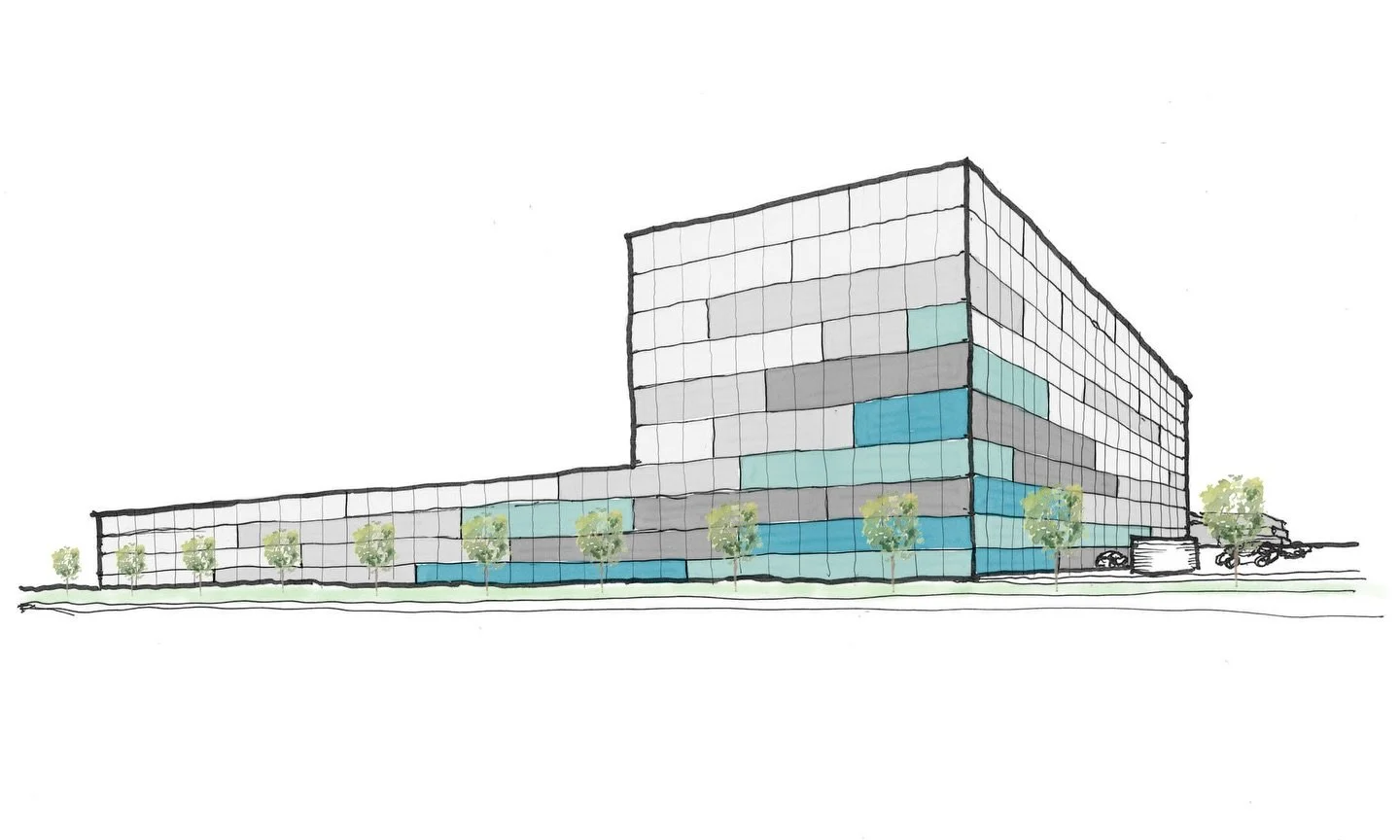 Exploring facade concepts for a proposed high-bay cold storage facility. Sketches in the design development phase help us test form, rhythm, and material expression - exploring how branding can be woven into the buildings street presence. 

#watchthi