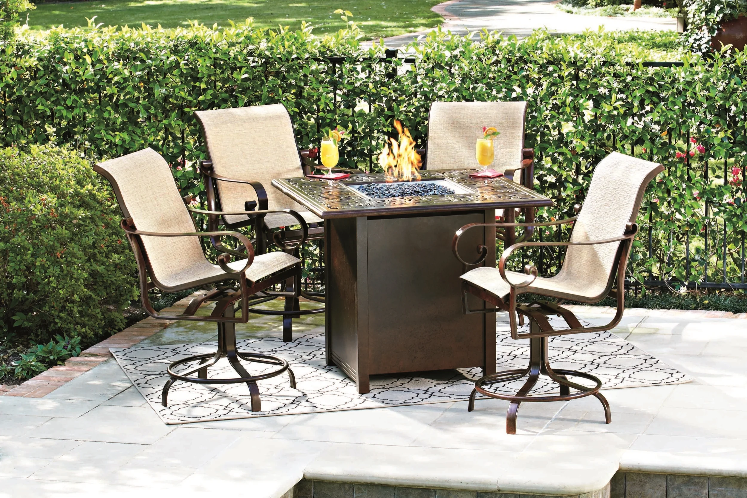 Outdoor Gas Fire Pit Table Our durable and beautiful fire pit tables are stylish and functional, and will last for years with proper maintenance. Available in coffee table, dining, or bar height, with a wide selection of styles and finishes, these tables will be the centerpiece of Dad's outdoor living space.