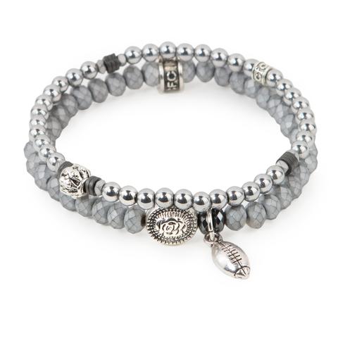 Ready to Rumble (Set of Two) Silver hematite and matte crystal glass bracelet set of two with silver accents and mini football charm. Measures approximately 7.5" in length. With the purchase of this bracelet set, 25% of gross profit goes to Gift for Life. All bracelet sets come with a pouch and a hang-tag detailing the mission of each charity. 