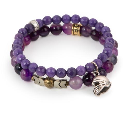 Victory (Set of Two) Purple agate and dyed jade bracelet set of two with hematite detail and silver helmet charm. Measures approximately 7.5" in length. With the purchase of this bracelet set, 25% of gross profit goes to STOMP Out Bullying. All bracelet sets come with a hang-tag detailing the mission of each charity.