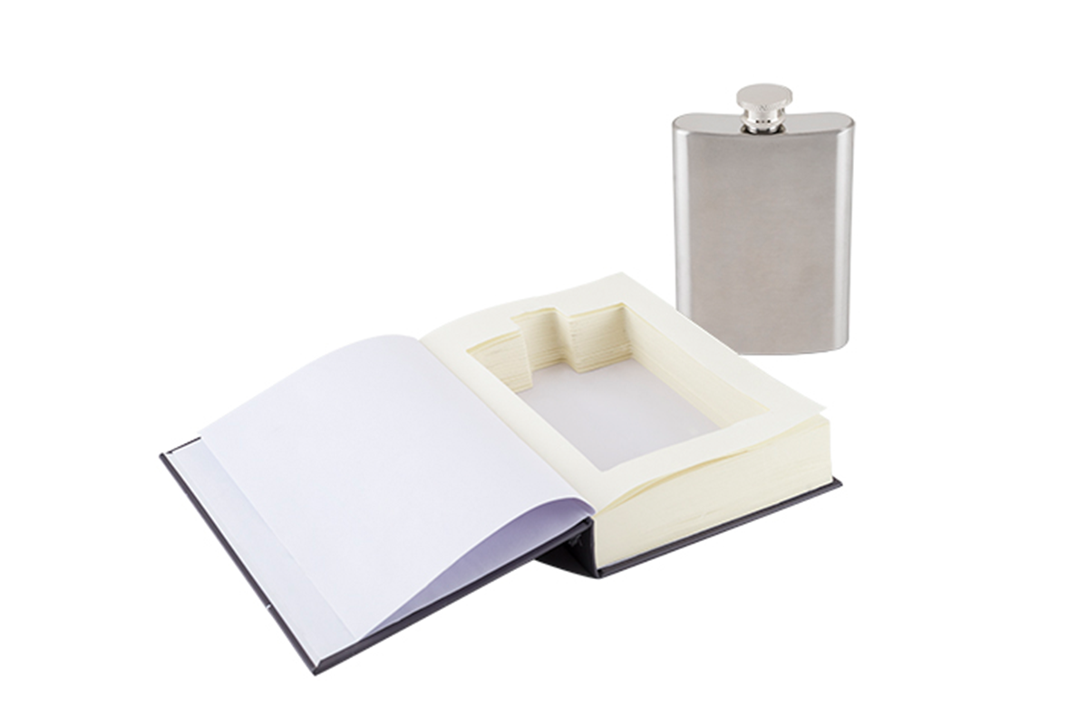 Survival Book 5oz Sneaky Flask This is one book that doesn't require glasses, unless you plan to pour a round for the rest of us. Bound between an illustrated hardcover backing, this survival guide supplies you with a cleverly hidden booze-ready flask, tucked secretly between the purely decorative pages.