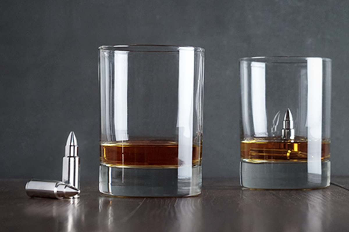 Stainless Steel Bullet Whiskey Rocks When it comes to chilled libations, these stainless steel bullet whiskey rocks are the sharpest shooters in the industry, keeping liquor cooler and less diluted than traditional ice accessories. Pour spirits on the rocks for a stone-cold killer taste.