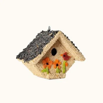 Delicious and delectable premium bird seed coat these wooden houses and decorated with sweet spring fruits. A delightful treat for your favorite backyard birds and a thoughtful gift for any bird-lover.