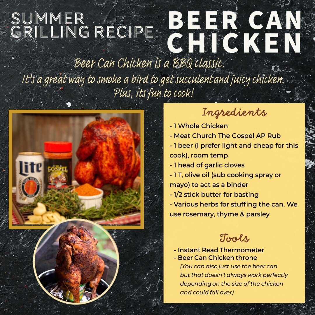 ⚡⚡Beer Can Chicken ⚡⚡ 
This is a great method to cook a chicken to carve and eat it as a whole chicken, or pull the chicken for other uses such as enchiladas, chicken pot pie, chicken salad, etc. 

We'd love to see your Beer Can Chicken! Take a pic a
