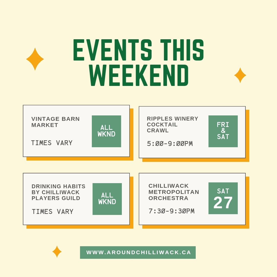⬇️ Weekend happenings ⬇️

🛍
The Vintage Barn Market (Tickets Online or at the door)
@thevintagebarnmarket
&quot;The Fraser Valley's largest pop-up market!&quot; Featuring unique goods, small businesses, and Vintage charm.
Location: Chilliwack Herita
