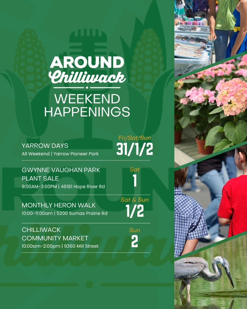 What's on YOUR list of thing to do this weekend?

Check out one or more of these community happenings Around Chilliwack! 🌽 

1. YARROW DAYS
2. GWYNNE VAUGHAN PARK PLANT SALE
3. MONTHLY HERON WALK
4. DOWNTOWN CHWK COMMUNITY MARKET

Head to our websit