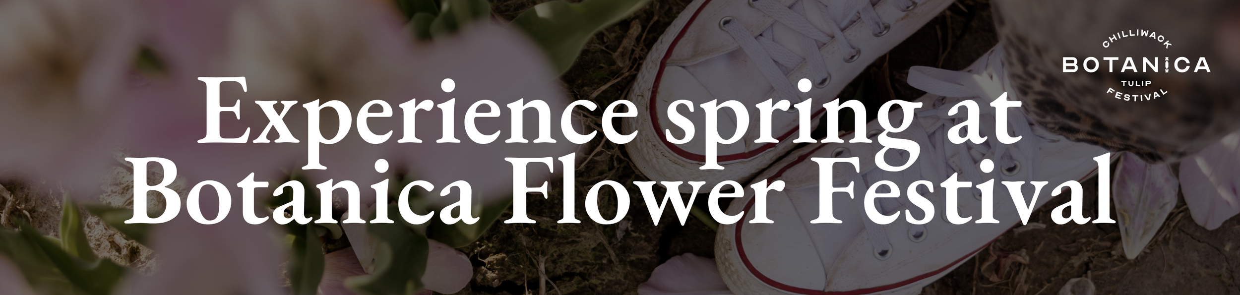 Text overlay on blurred background of pink and white flowers and white sneakers with red accents, promoting the Botanic Flower Festival.