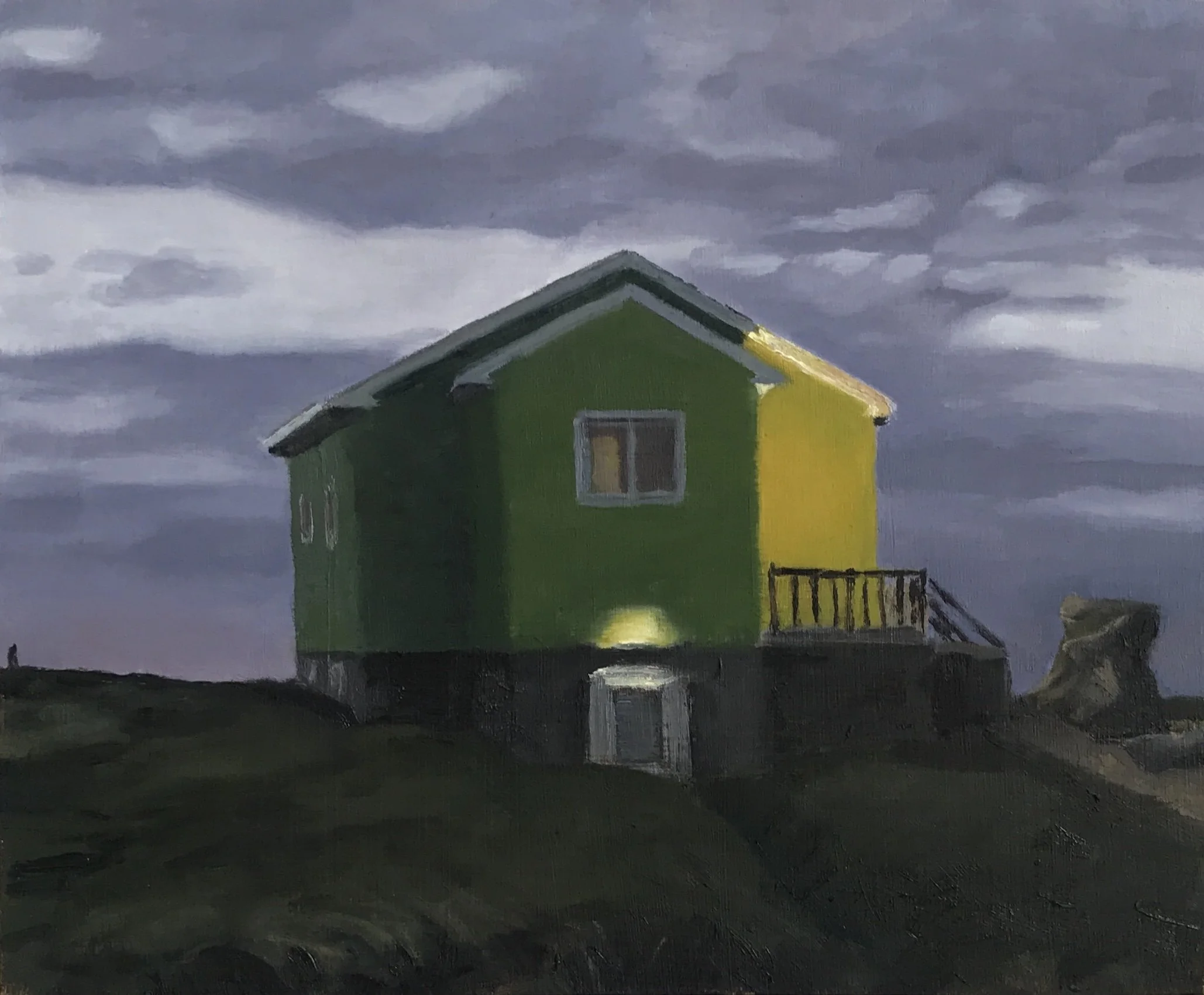   Green house at dusk , 2023, Oil on wood, 10 x 12 inches 