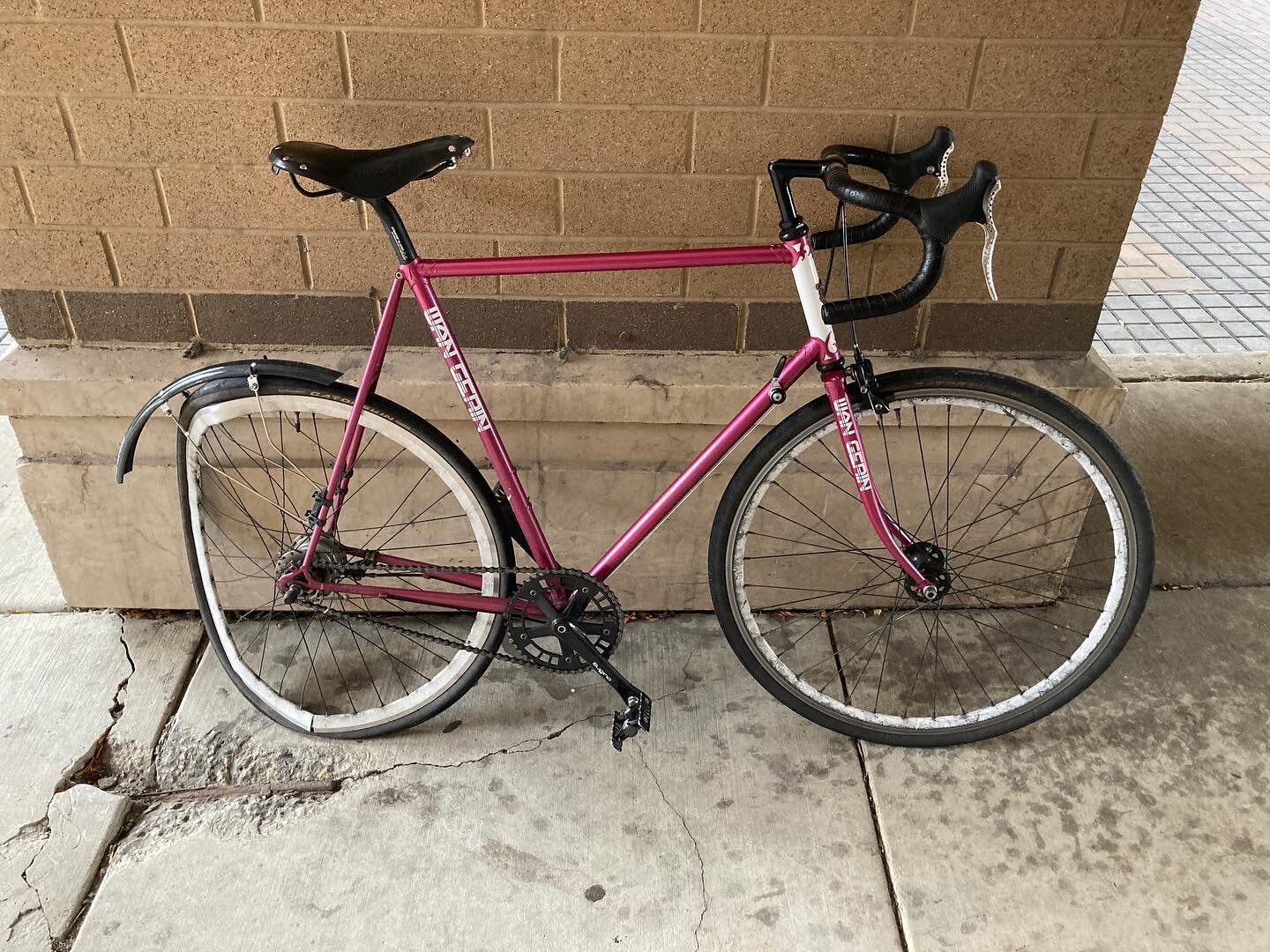 Two years ago as I walked away from a road rage incident, the driver of an SUV purposefully drove into my bicycle, destroying the back wheel. Thankfully the frame was unharmed. I rebuilt the wheel and the bike is restored! I like it better in black. 